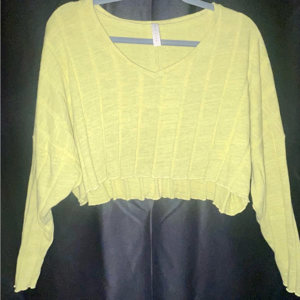 May Pink Lime Green Cropped Ribbed Sweater